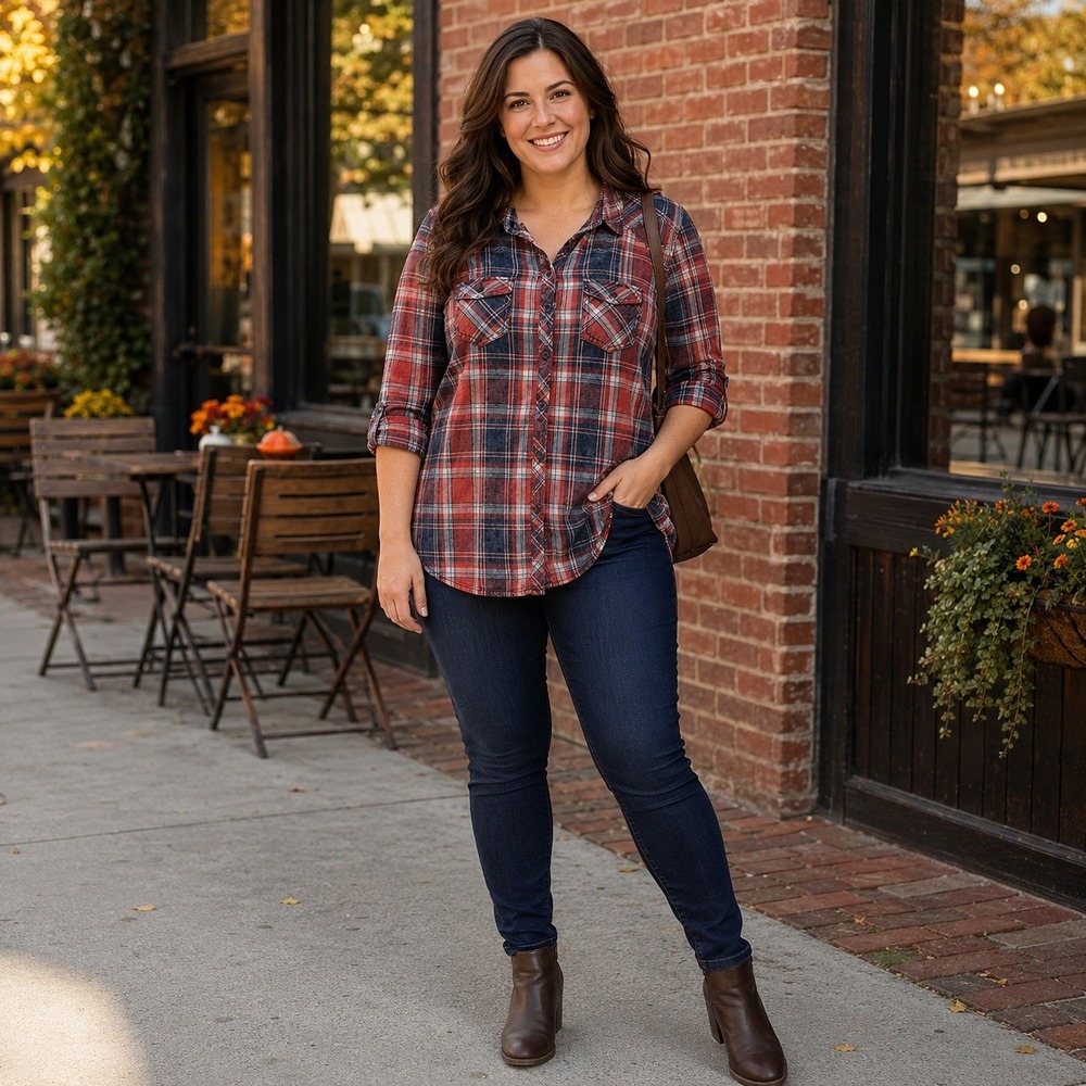 Ci Sono Button Down Womens Large Red Blue Plaid Shirt Long Sleeve Roll Tab New